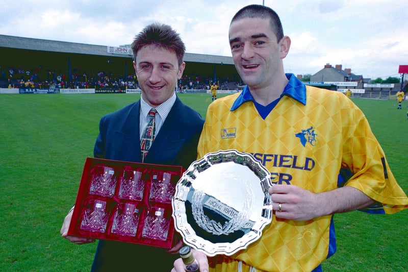 Chad sports editor John Lomas gives the Chad Readers' Stags Player of the Year 1997/98 award to striker Steve Whitehall.