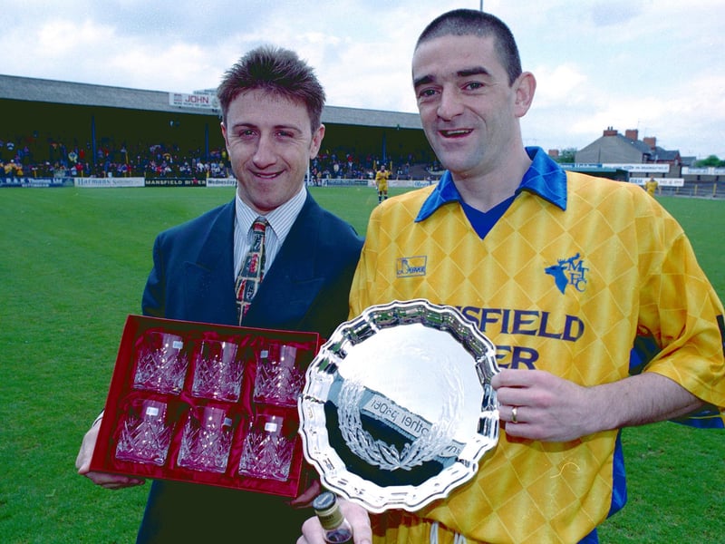 Chad sports editor John Lomas gives the Chad Readers' Stags Player of the Year 1997/98 award to striker Steve Whitehall.