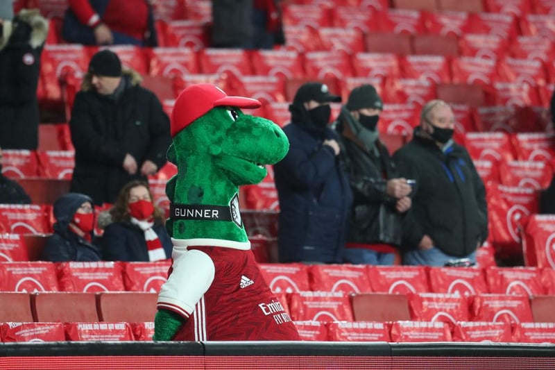 Gunnersaurus Rex is a proper cult hero. They - and by they I mean nobody - say that no mascot is bigger than their club, but perhaps we've found the exception that proves the rule. The pot-bellied dinosaur is so popular that Mesut Ozil even dug into his own pocket to pay his wages and bring him home after he was fired by Arsenal last year. Admittedly, there are some confusing elements to Gunnersaurus - he looks like a herbivore with that elongated tree-munching neck, but the ‘Rex’ in his name would suggest that he’s carnivorous. Either way, he's a ruthless predator when it comes to sticking penalties past little children at half-time, and long may his reign at the Emirates continue.

(Photo by Catherine Ivill/Getty Images )
