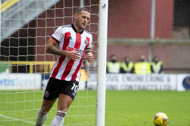 Billy Sharp after scoring for Sheffield United against Dundee United in a match that was abandoned at half time