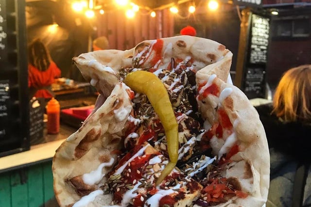 The Middle Feast's menu consists of Middle Eastern-Inspired Mezze and other street food, including chicken shish and halloumi kebab, sticky harissa chicken wings and vegan BBQ aubergine kebab.