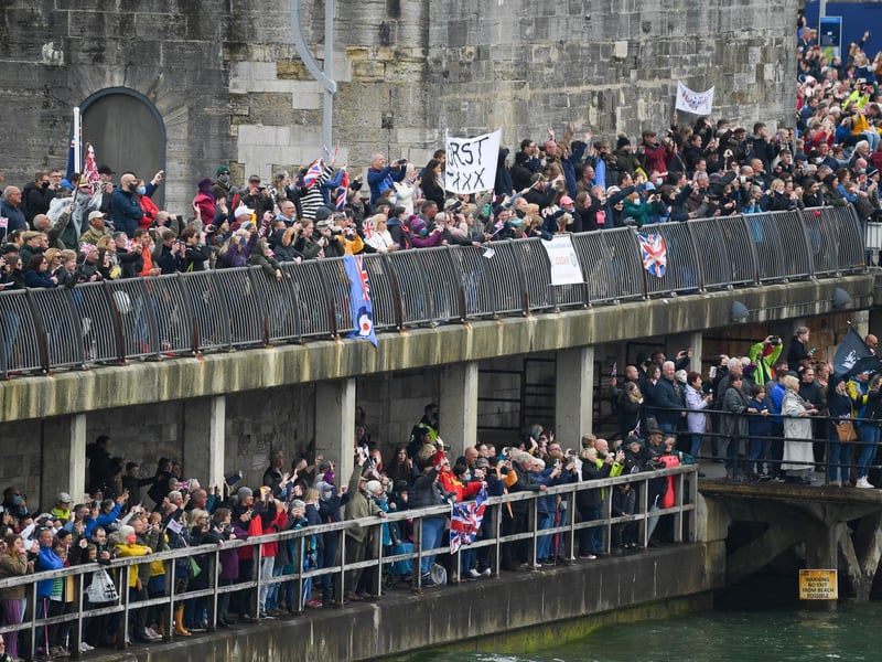 Crowds wave as HMS Queen Elizabeth leaves Portsmouth. Picture: Finnbarr Webster/Getty Images