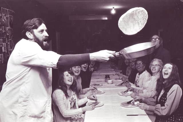 Derek Valentine was kept busy supplying the pancakes at a social held at St. Stephen's Church Hall, Rotherham - February 11, 1975.
