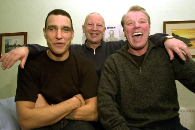 Vinnie Jones with his old physio Derek French (centre) and former boss Dave Bassett (right)