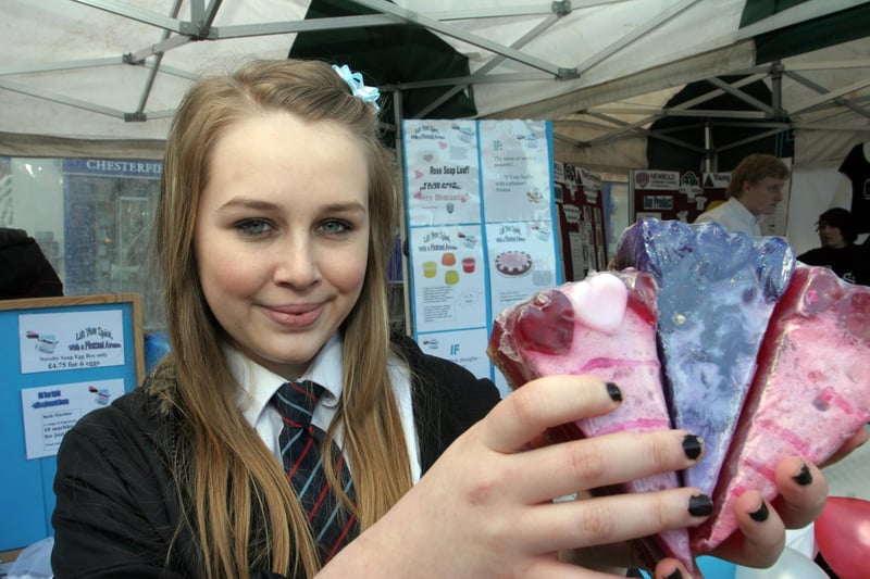 Bolsover School pupil Morgan Hampton at the young enterprise market in Chesterfield in 2010.