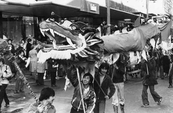 Vietnamese refugees dancing on The Moor, Nov 1981.