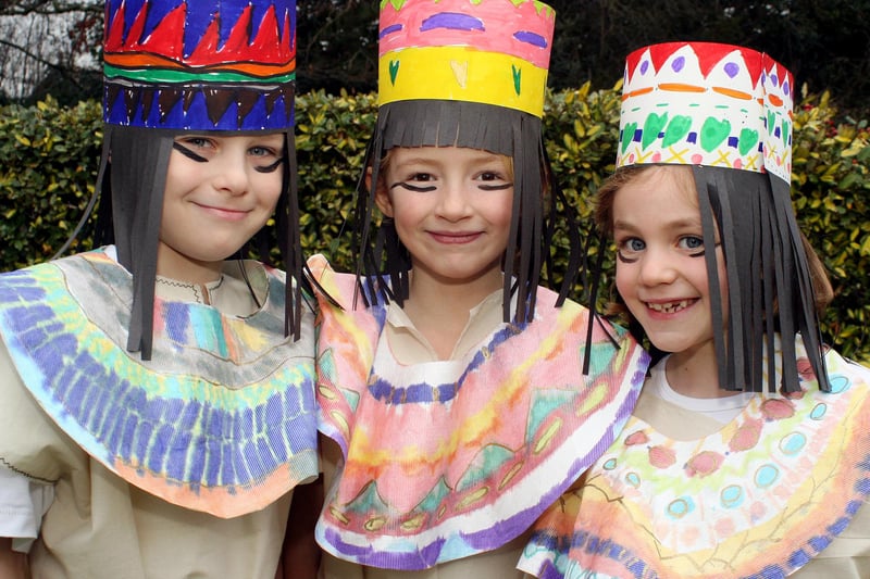 Luke Smith, Georgina Rensham and Georgia Tarling dress in traditional costumes for their Ancient Egyptian Day at St Anselm's School in Bakewell in 2007.