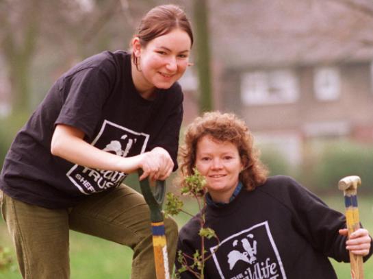 Anna Crowley and Carol Parsons of Sheffield Wildlife Trust planted holly tree on Longley Green in 1997