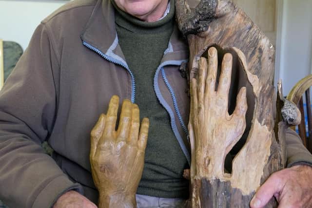 Michael Bayley, who had to have a leg amputated after being hit when he was crossing the road in Nether Edge, Sheffield. The 85-year-old is holding an exhibition of his wood carvings to raise money for the charity ASSIST, which supports asylum seekers. Photo by Dean Atkins