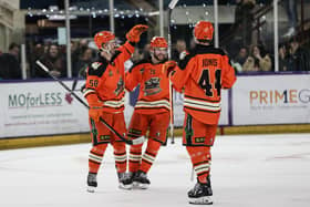 Robert Dowd celebrates in Altrincham as Sheffield Steelers beat Manchester Storm