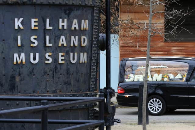The funeral of little mester Stan Shaw. The cortege visits Kelham Island for one last time. Picture: Chris Etchells