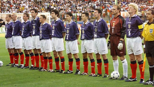 Scottish players pose for the official team picture, 23 June at the Stade Geoffroy Guichard in Saint-Etienne, central France, before the 1998 Soccer World Cup Group A first round match between Scotland and Morocco.