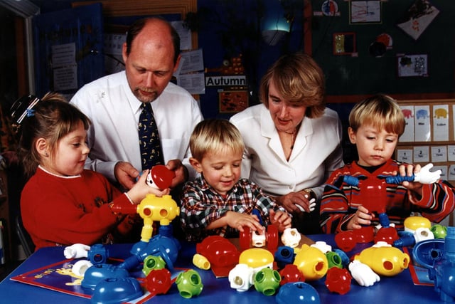 Andrew Mason of Business Link Sheffield and Margaret Goodlad of Children Mean Business discussed ideas for new products with children at Osbourne House Nursery in Hillsborough back in 1999