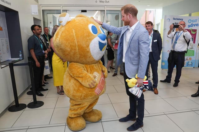Prince Harry, Duke of Sussex meets the hospital's mascot, Theo the bear, during a visit to Sheffield Childrenâ€™s Hospital on July 25, 2019 in Sheffield, England. (Photo by Chris Jackson/Getty Images)