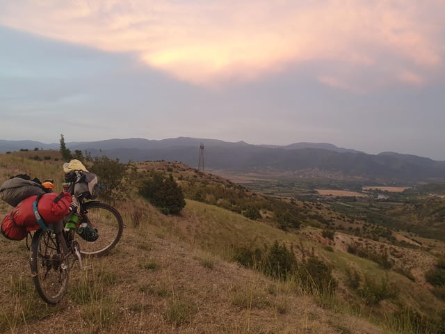 Mike called this route "one of the best" on the trip, "if completely inappropriate for cycling! The pinky sunset was a bonus for sure."