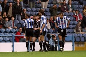 Paolo Di Canio of Sheffield Wednesday pushes referee Paul Alcock during the Owls 1-0 win back in 1998.