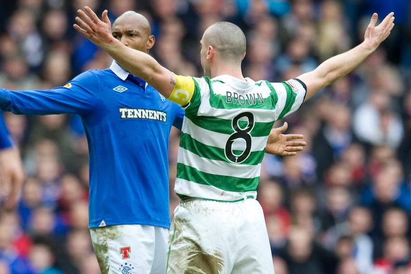 Celtic captain Scott Brown (right) celebrates his strike in front of El Hadji Diouf to give birth to ‘the Broony’ in his most iconic derby act, after scoring in the 2-2 Scottish Cup draw between the pair in February 2011.
