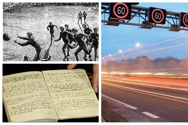 Pictured clockwise from top left are an early game at Bramall Lane, the M1 motorway where signs welcoming drivers to 'Sheffield Home of Football' could be based, and a copy of the hugely influential 1858 Sheffield Rules which shaped the beautiful game as we know it