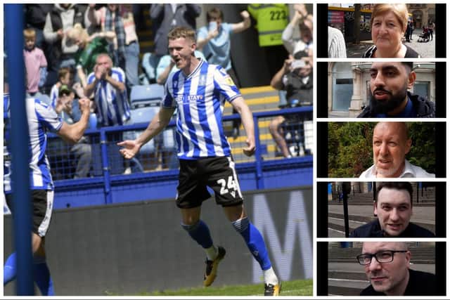 Can Sheffield Wednesday still make the play-off final? Main picture (by Steve Ellis) shows Sheffield Wednesday celebrate a goal against Derby. Pictured from top left are Alan Frost, Greg Bramhall, David Sweetman, Aisaan Shabbir, and Lynne Beverley.