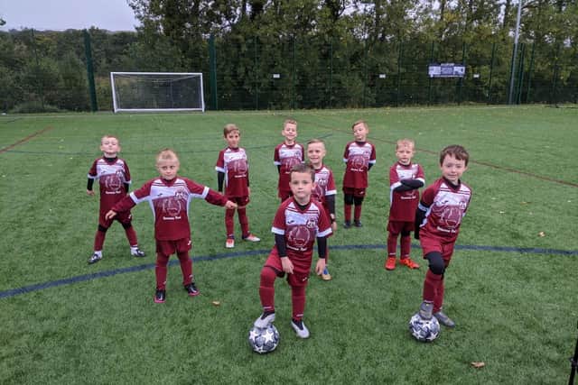 The Sheffield Rangers Under 7s team - Back: Alfie West, Thomas Kendall, Lucas Harris, Milo Fowler; Middle: Bobby Short (arms out), Parker Goodson, Finley Yates (arms folded); Front: Rocco Parr and Freddie Wharton.
