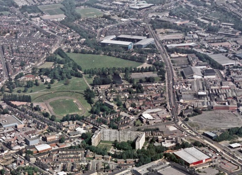 An aerial view of Hillsborough in 1994 showing Sheffield Wednesday's stadium in the top left
