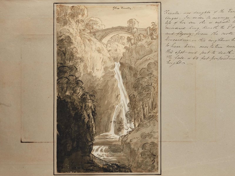 Glen Finella,  Kincardineshire showing the Den Finella Viaduct, St Cyrus the drawing is accompanied by a handwritten note: Finella was daughter of the Earl of Angus. In order to revenge the loss of her son she is reported to have murdered King Kenneth the 3rd of Scotland and flying from the castle of Kincardineshire in this neighbourhood to have been overtaken near this spot and put to death. The fall is 63 feet perpendicular heights. An excellent example of the marriage of story and illustration: here Skene illustrates a beautiful Scottish place and Scottish lore is then layered over the image, giving it context.
