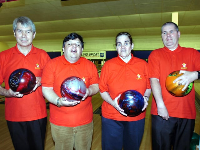 The Sheffield 'Fastlane' team took part in the British Blind Sport 10 Pin Bowling Championships held at the Hollywood Bowl,Valley Centertainment in 2006. LtoR. Harry Grantham, Mike Harris, Cathy Harris, Barrie Ritchie
