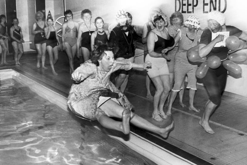 Sheffield Keep Fit Branch at their Swimming Gala in 1979 at Heeley Baths - not a nice way to treat the chairwoman!  Submitted by Pam Deniff
