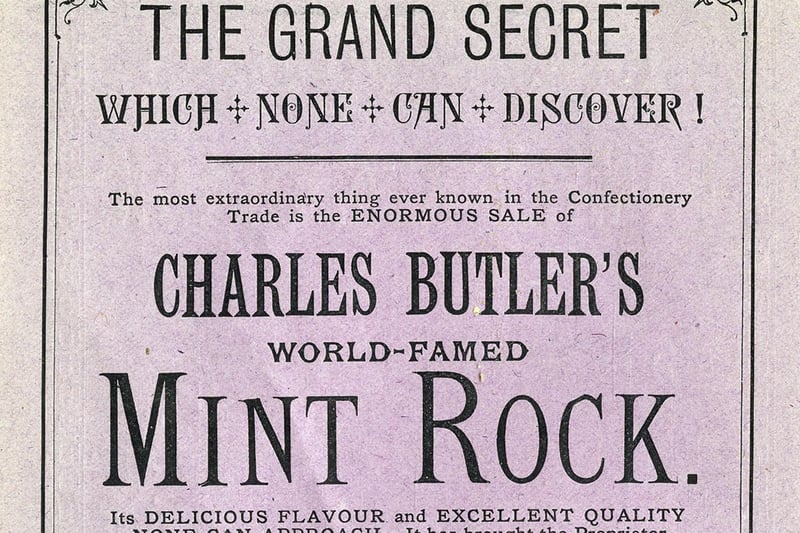 Charles Butler, Manufacturing and Retail Confectioner, 60 Snig Hill and 11, 54 and 56 Fargate. This is an 1886 advertisement for Charles Butler's world-famed mint rock, claiming: "It warms! It invigorates!!" Ref no: y12411