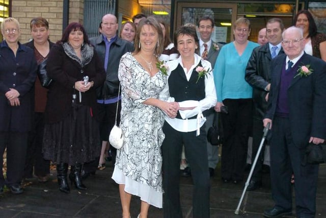 Doncaster's first civil partnership in 2005. Renee Brown and Katherine Tuck at Doncaster Register office.