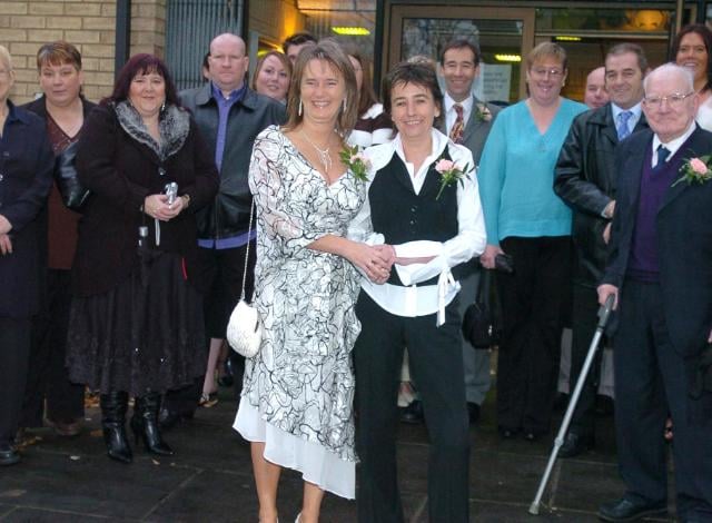 Doncaster's first civil partnership in 2005. Renee Brown and Katherine Tuck at Doncaster Register office.