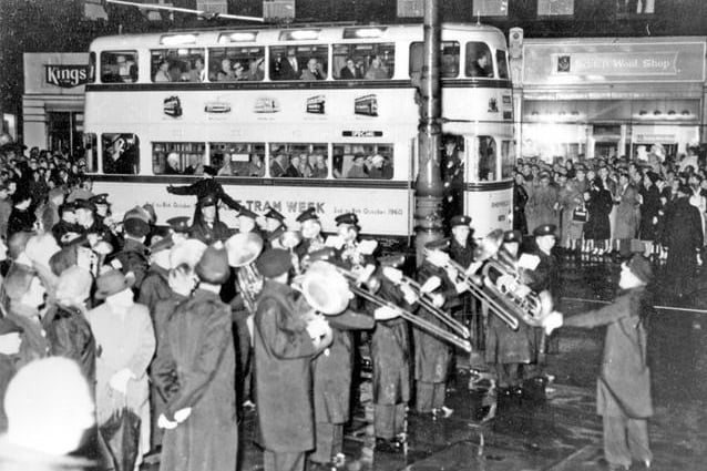 Celebrations to mark running of the last tram, Pinstone Street, 1960 (S00088)