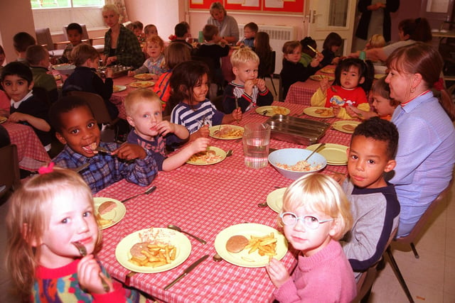 Pupils at the Grace Owen nursery School Hague Row Park Hill  tucked into their school meals in 1998