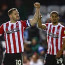 Billy Sharp of Sheffield United celebrates after breaking the Championship goalscoring record at Peterborough United: David Klein / Sportimage