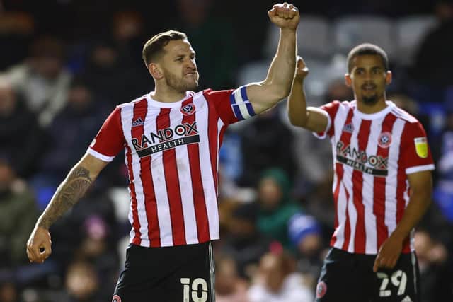 Billy Sharp of Sheffield United celebrates after breaking the Championship goalscoring record at Peterborough United: David Klein / Sportimage