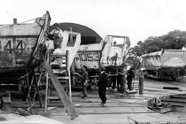 A typical assault craft boatyard on our South of England inland waterways.  It was in these yards that the hundreds of assault craft were constructed for the beach landings on the Continent.