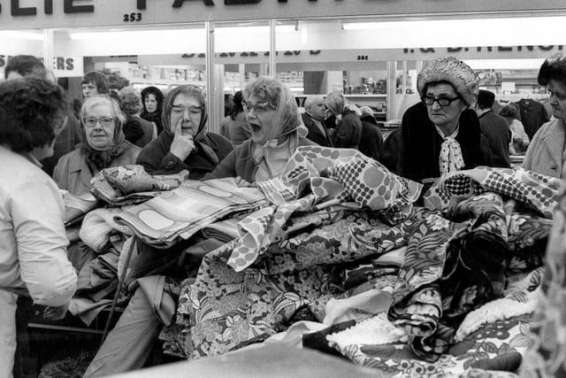 The ever popular fabric stall in the Sheaf Market in the 1970s
