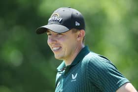 Matt Fitzpatrick of England smiles on the tenth tee during a practice round prior to the 122nd U.S. Open Championship at The Country Club on June 15, 2022 in Brookline, Massachusetts. (Photo by Andrew Redington/Getty Images)