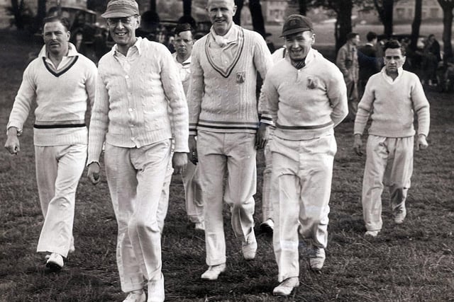 Mr Basil Doncaster led his team out to field against Mr J.E.Davison's XI at the opening of the Southey Cricket Week in naid of the Sheffield Newspapers War Fund, and Southey and Norwood Forces Aid fund, in Longley Park, Sheffield...June 1942