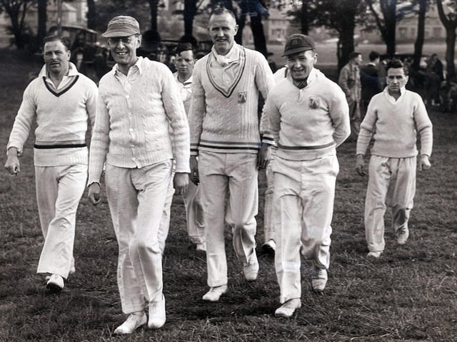 Mr Basil Doncaster led his team out to field against Mr J.E.Davison's XI at the opening of the Southey Cricket Week in naid of the Sheffield Newspapers War Fund, and Southey and Norwood Forces Aid fund, in Longley Park, Sheffield...June 1942