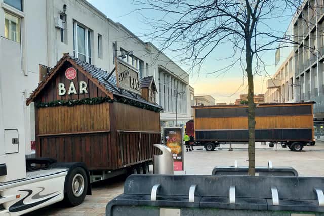 The Alpine Bar and market stall centre pieces of Sheffield's annual Christmas Market were installed on The Moor today (November 2).