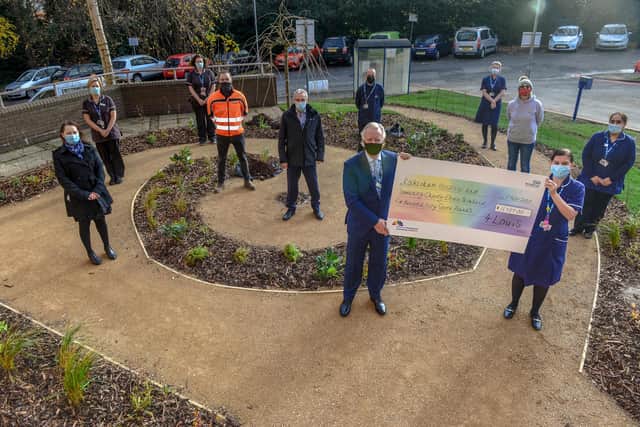 Sharon Abbott from charity 4 Louis with Martin Havenhand, Chairman of The Rotherham NHS Foundation Trust, and colleagues from Maternity and Estates celebrating work beginning on the memorial garden in 2020.