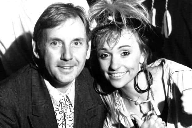Pete Waterman and Michaela Strachan, stars of TV showThe Hitman and Her, which they presented from Sheffield's Roxy nightclub in the 1980s