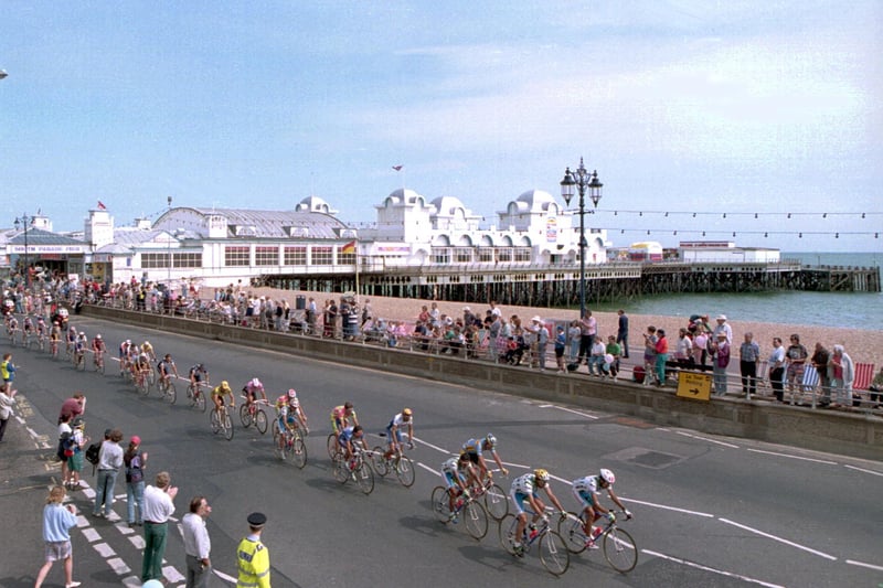 Riders pass South Parade Pier in Southsea on the way to the finish of Stage 5 of the Tour de France in 1994 in Portsmouth. Picture: Pascal Rondeau/ALLSPORT/ Getty Images