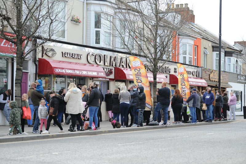 Good Friday queues outside Colman's on Ocean Road, South Shields.