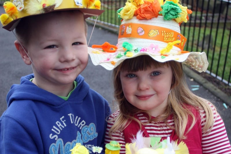 Jack Hollingworth and Daisy Bowler proudly show off their Easter bonnets at Sunflowers Day Nursery in Clay Cross in 2010.