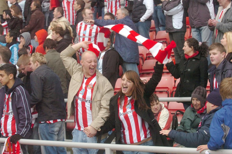 Back to the neighbours as this picture shows Sunderland fans celebrating during the club's 2-1 win over Newcastle United in 2008 - the first competitive home win over their rivals since that 1980 victory.