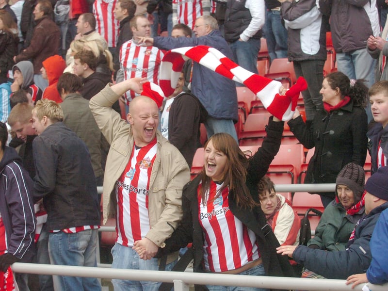 Back to the neighbours as this picture shows Sunderland fans celebrating during the club's 2-1 win over Newcastle United in 2008 - the first competitive home win over their rivals since that 1980 victory.