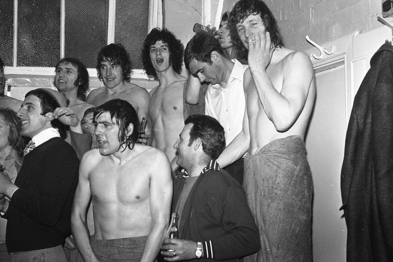 Sunderland team after the 1973 FA Cup semi-final against Arsenal. Jimmy Montgomery, Ian Porterfield, Richie Pitt, Vic Halom, Dennis Tueart, Joe Bolton