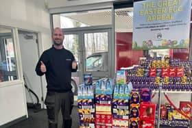 Evans Halshaw colleague, Gavin Clay, with some of the Easter Egg donations at Citroen Sheffield